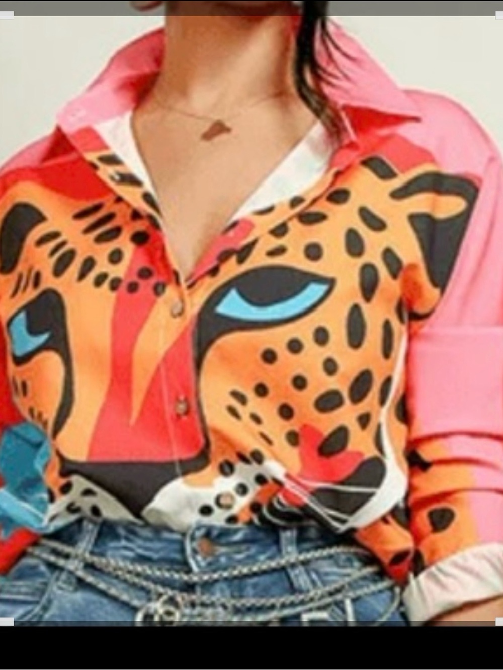 Colorful Leopard Print Button-Down Shirt - Pink/Orange